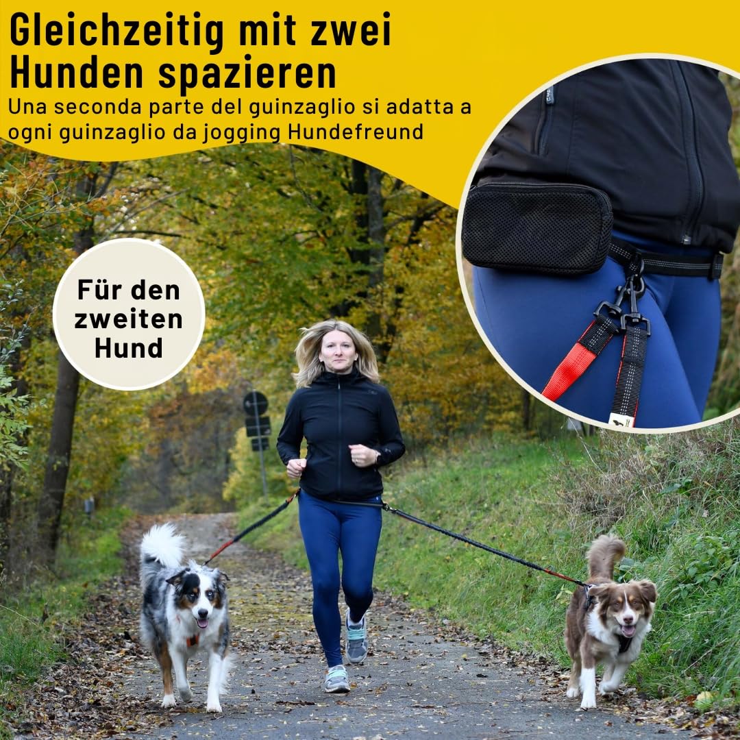 Bungeeteil für Joggingleine von Hundefreund in Rot-Schwarz, zwei Hunde an einem Bauchgurt