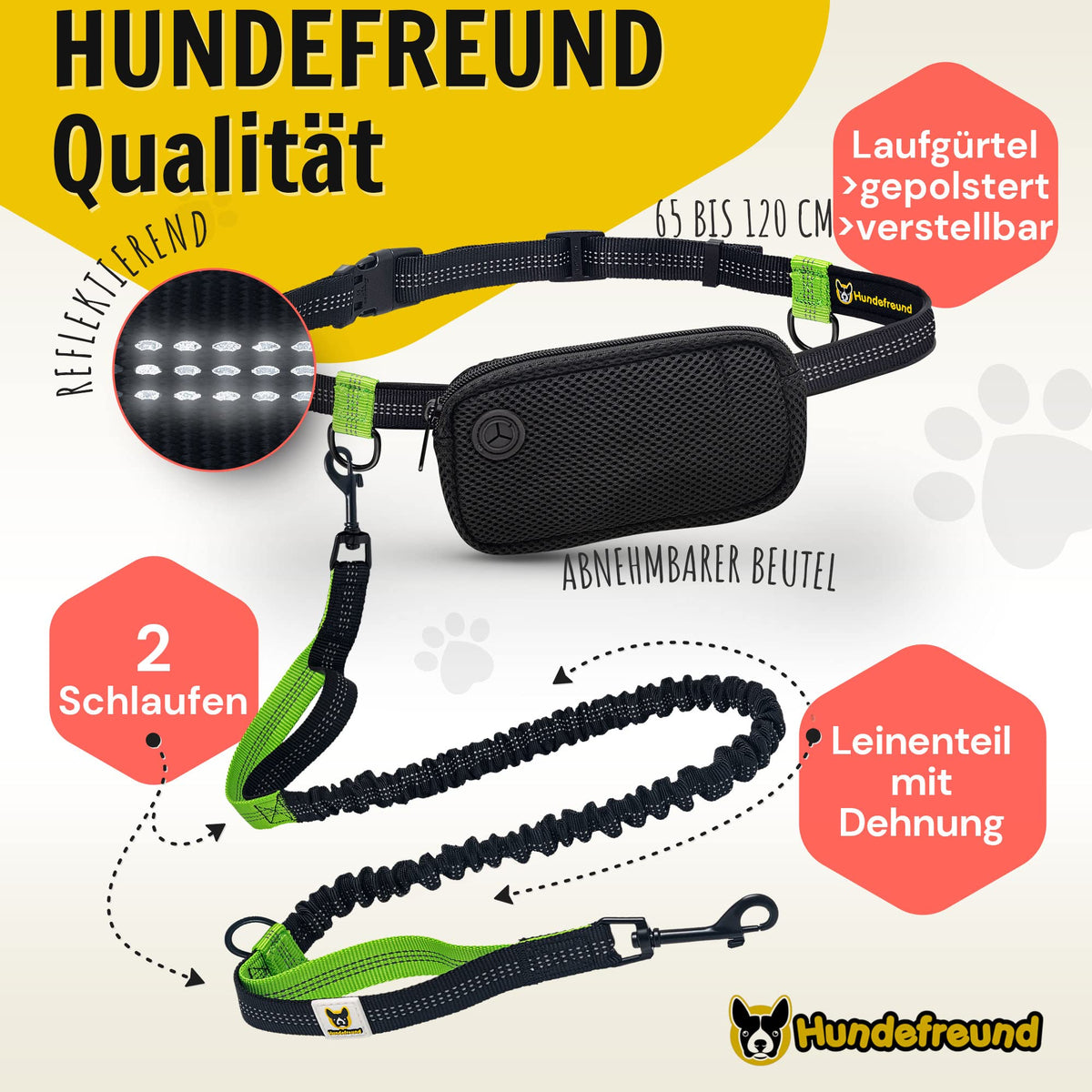 Joggingleine von Hundefreund in Grün, Detail von Hüftbeutel und Karabiner