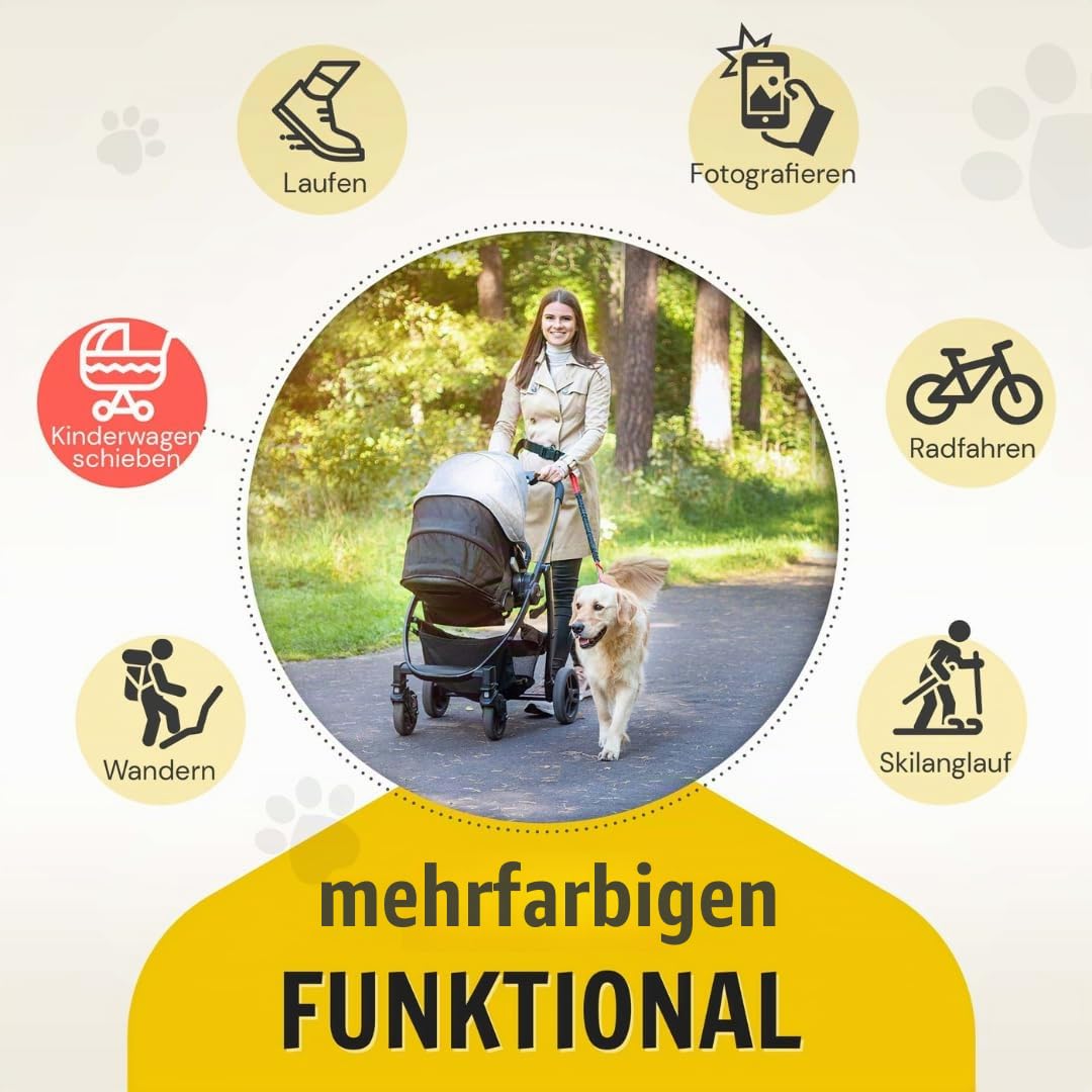 Joggingleine von Hundefreund in Rot beim Schieben des Kinderwagens und beim Radfahren