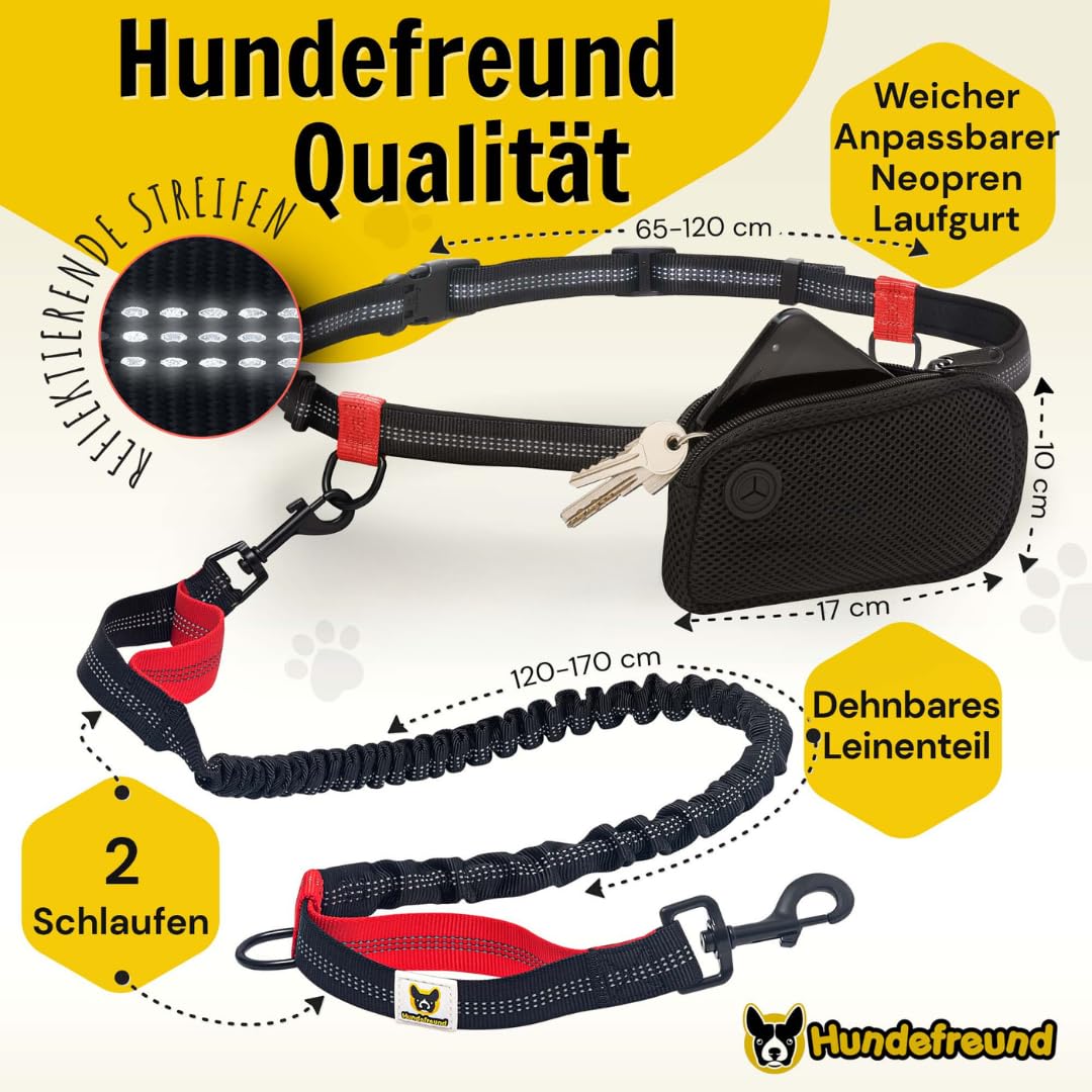 Joggingleine von Hundefreund in Rot, Detail von Hüftbeutel und Karabiner