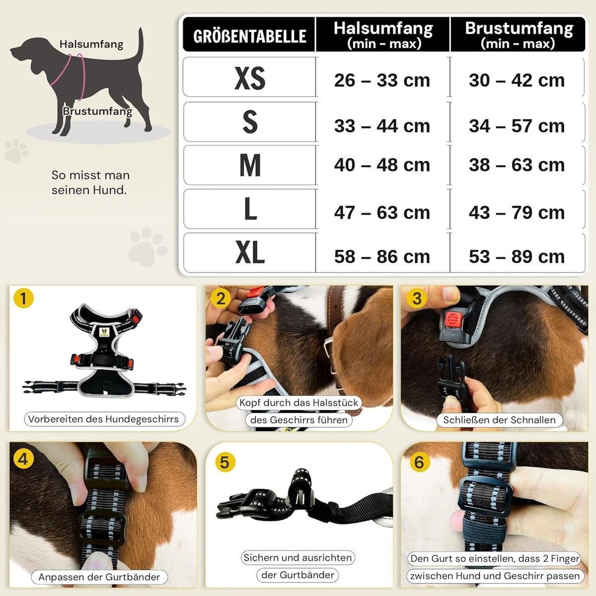 Hundegeschirr reflektierend von Hundefreund in Schwarz mit Größentabelle