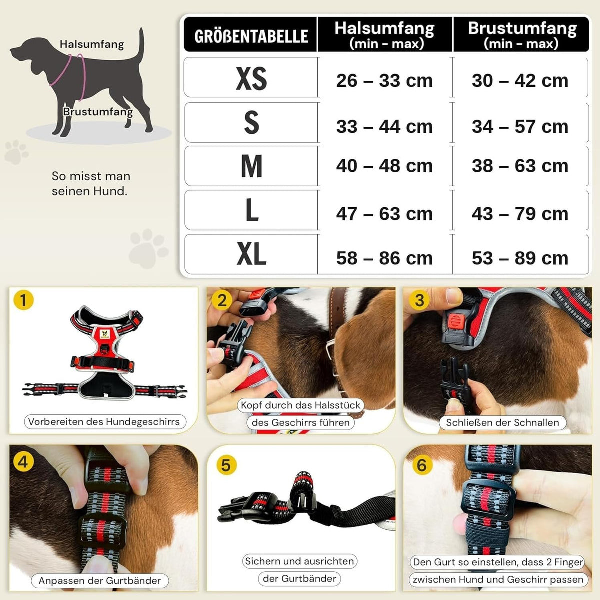 Hundegeschirr reflektierend von Hundefreund in Rot mit Größentabelle