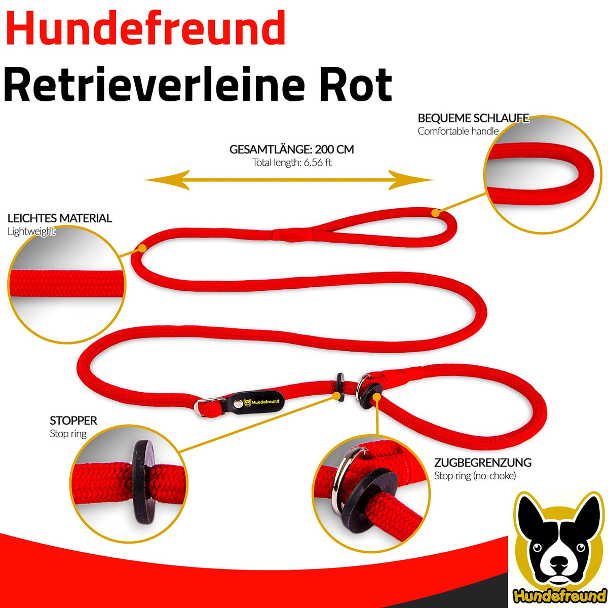 Retrieverleine von Hundefreund in Rot, Übersicht der Ausstattung