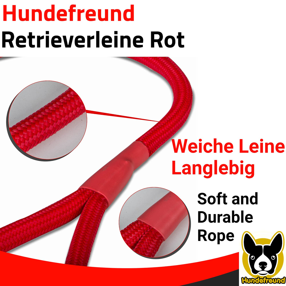 Retrieverleine von Hundefreund in Rot mit weichem, langlebigem Seil