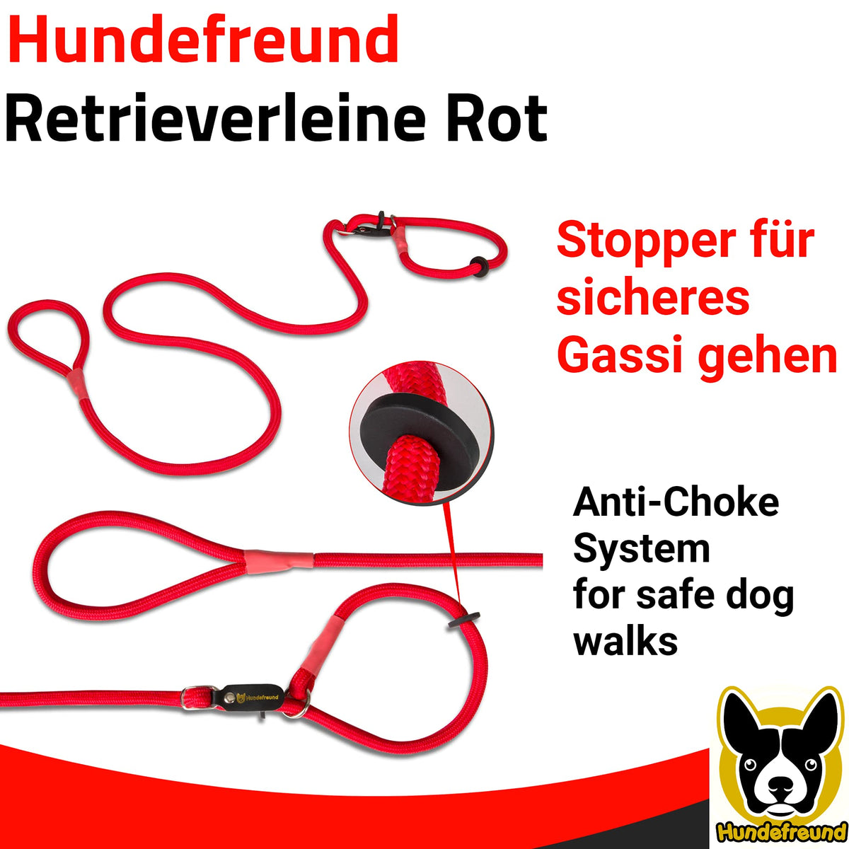 Retrieverleine von Hundefreund in Rot mit Zugstopp für sicheres Gassi gehen