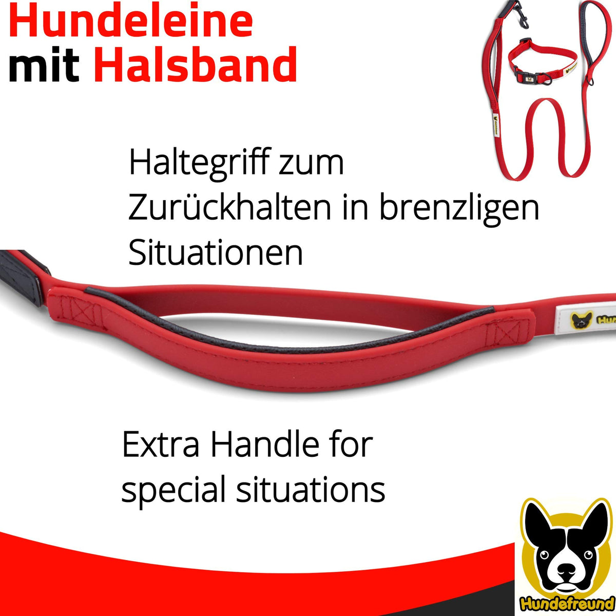 Hundeleine von Hundefreund in Rot mit Haltegriff zum Zurückhalten