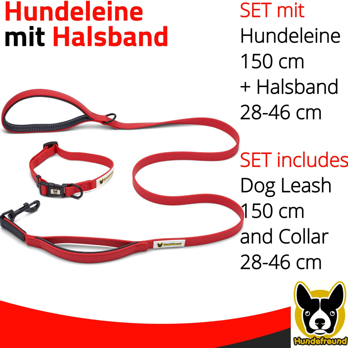 Set von Hundefreund in Rot mit 150 cm langer Leine und Halsband von 28 bis 46 cm
