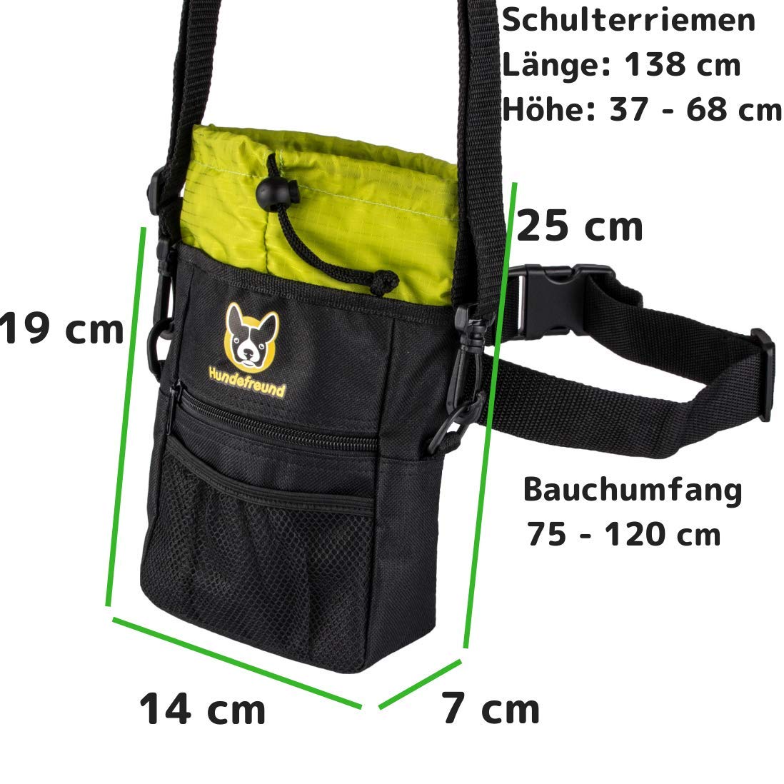 Großer Futterbeutel von Hundefreund in Schwarz-Grün mit Maßangaben und Bauchumfang von 75 bis 120 cm