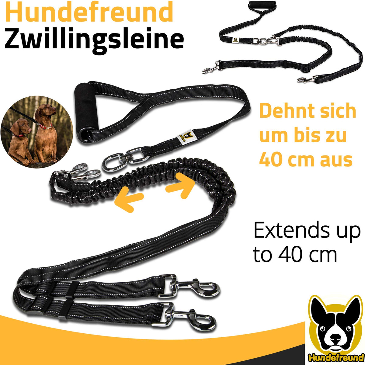 Zwillingsleine von Hundefreund in Schwarz, dehnbar um bis zu 40 cm