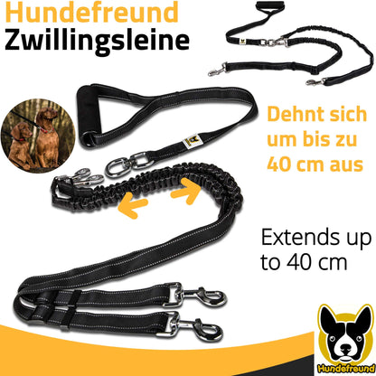 Zwillingsleine von Hundefreund in Schwarz, dehnbar um bis zu 40 cm