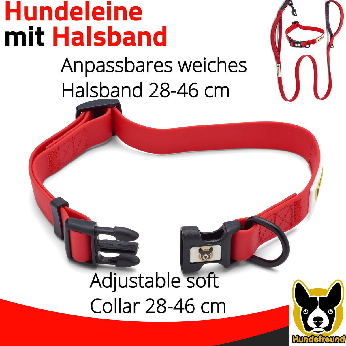Halsband von Hundefreund in Rot, anpassbar von 28 bis 46 cm