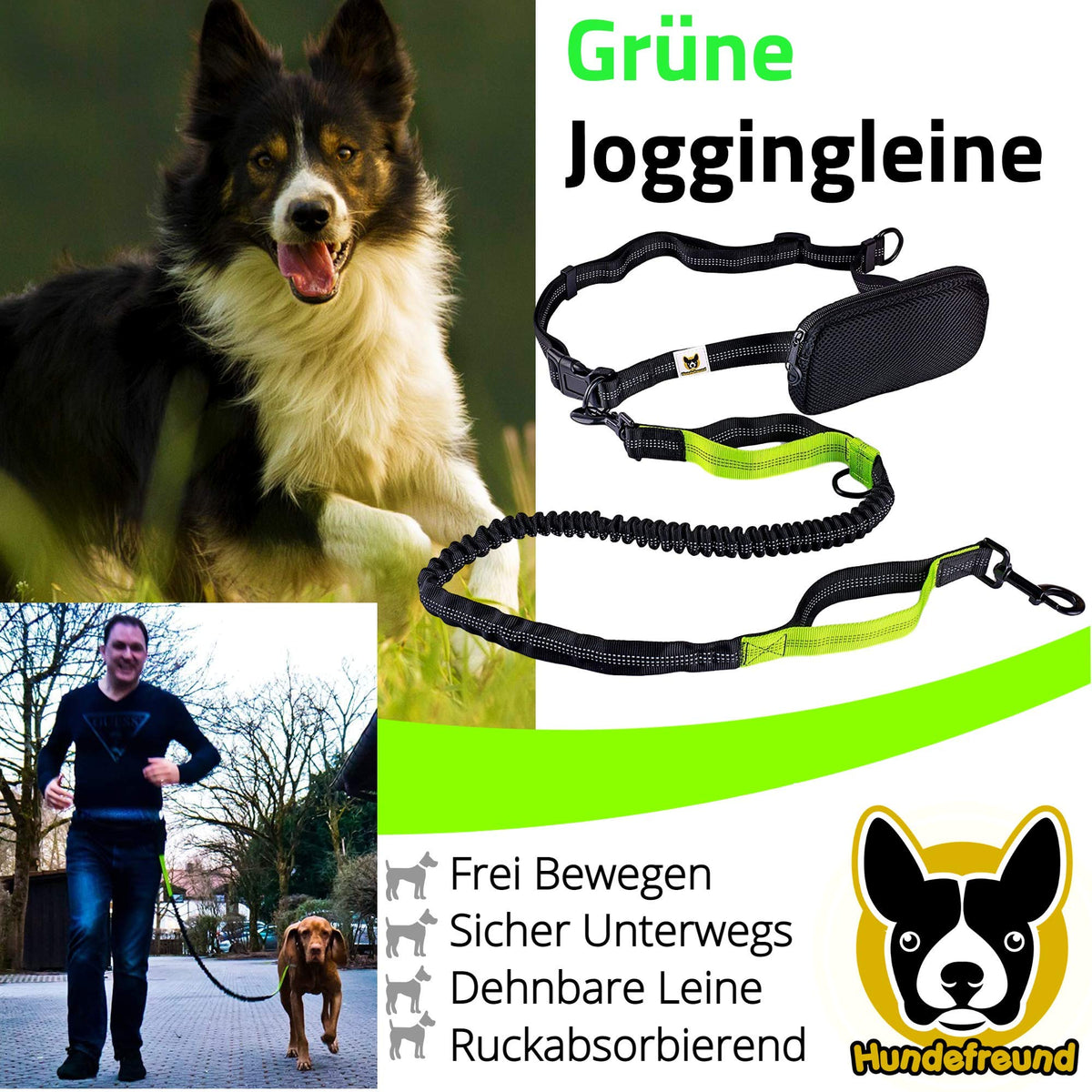 Joggingleine von Hundefreund in Grün mit zwei Ringen am Bauchgurt