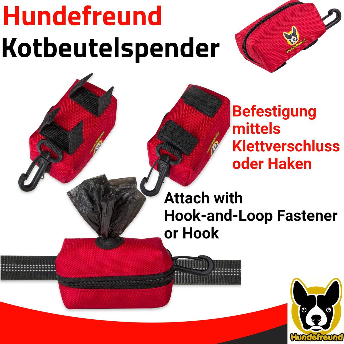 Kotbeutelspender von Hundefreund in Rot mit geöffnetem Reißverschluss
