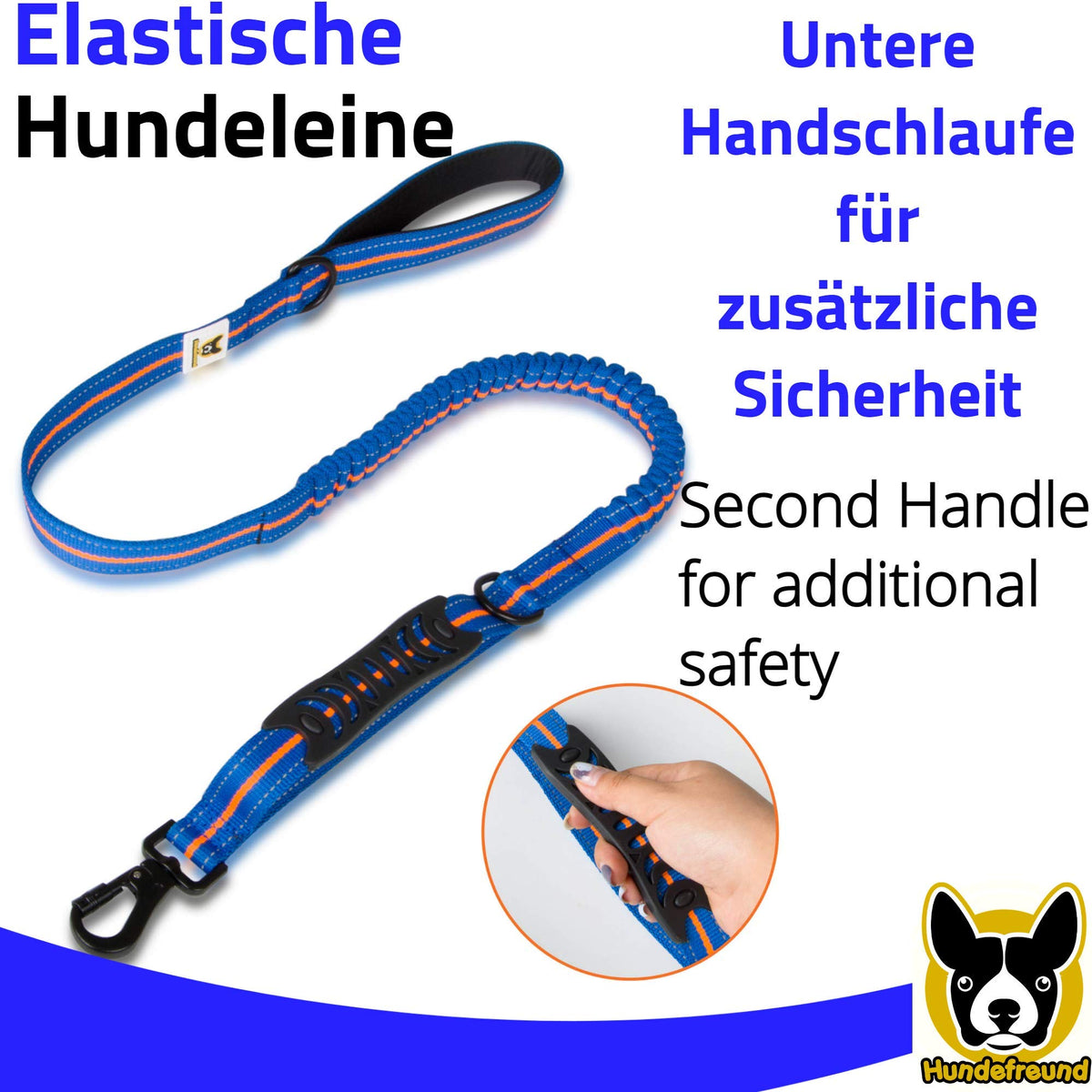 Elastische Führleine von Hundefreund in Blau-Orange mit unterer Handschlaufe