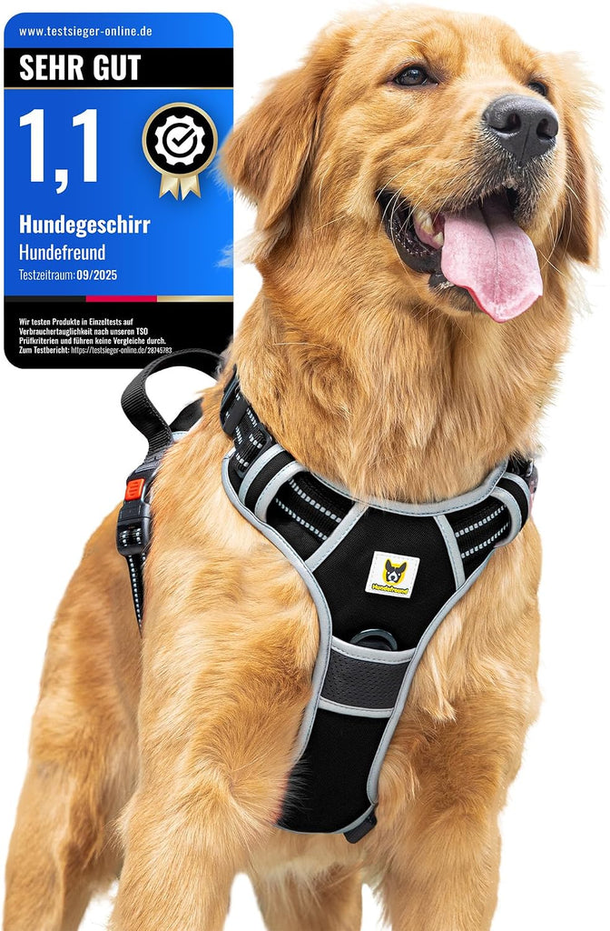 Hundegeschirr reflektierend von Hundefreund in Schwarz mit reflektierenden Streifen