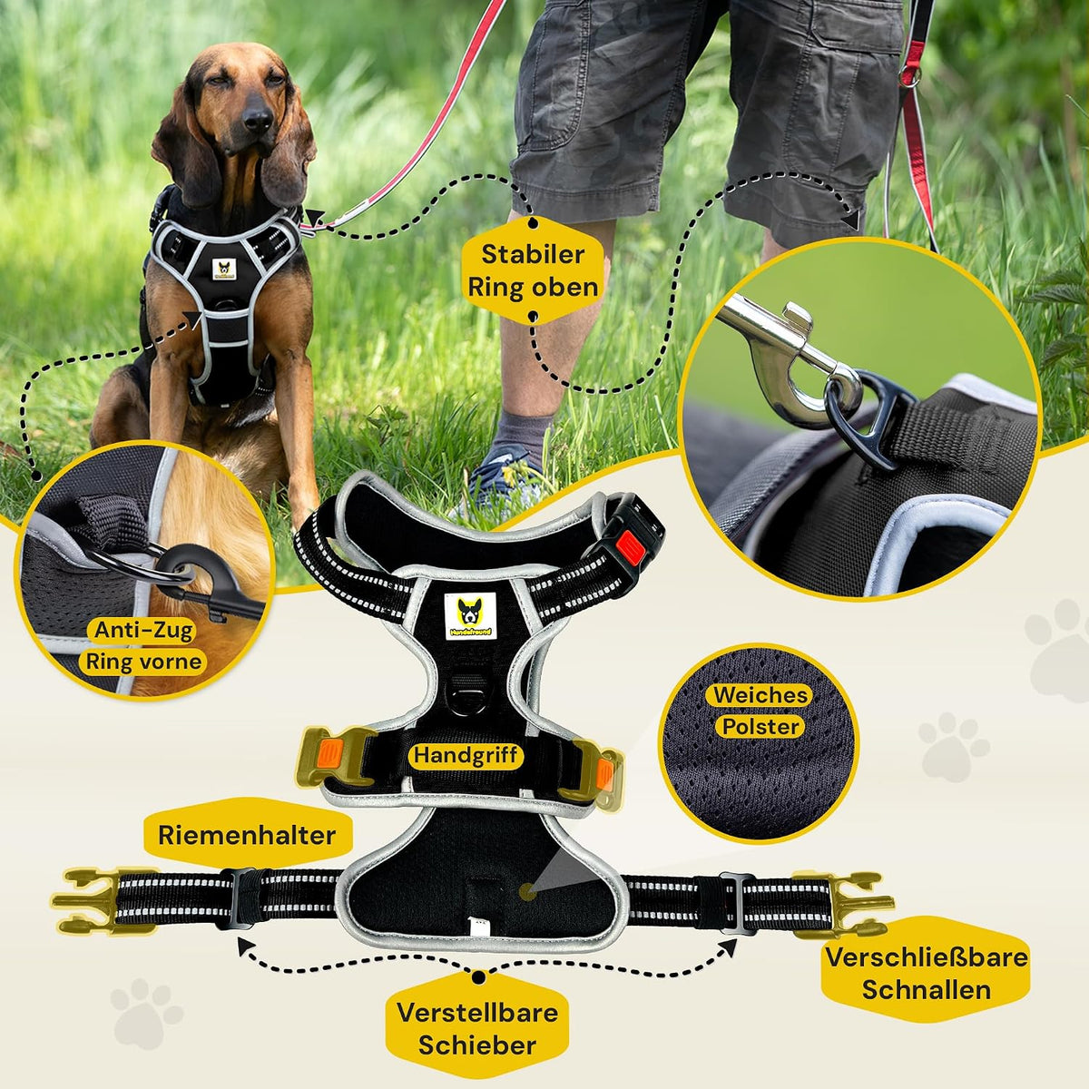 Hundegeschirr reflektierend von Hundefreund in Schwarz mit drei Sicherheitsschnallen