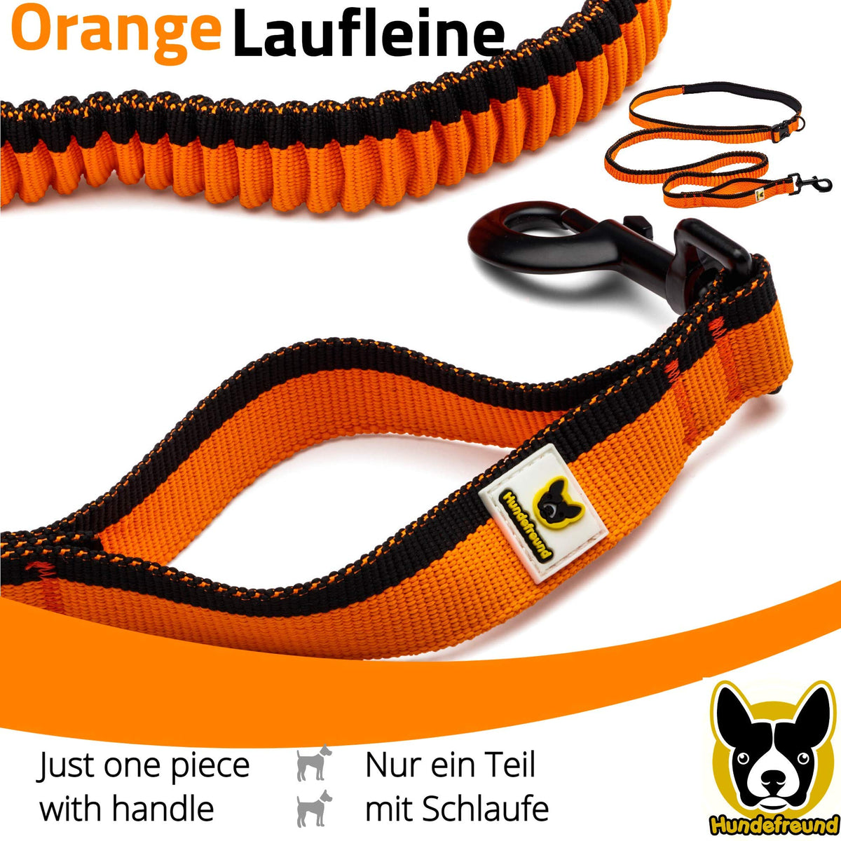 Laufleine von Hundefreund in Orange, dehnbares Leinenteil mit Handschlaufe