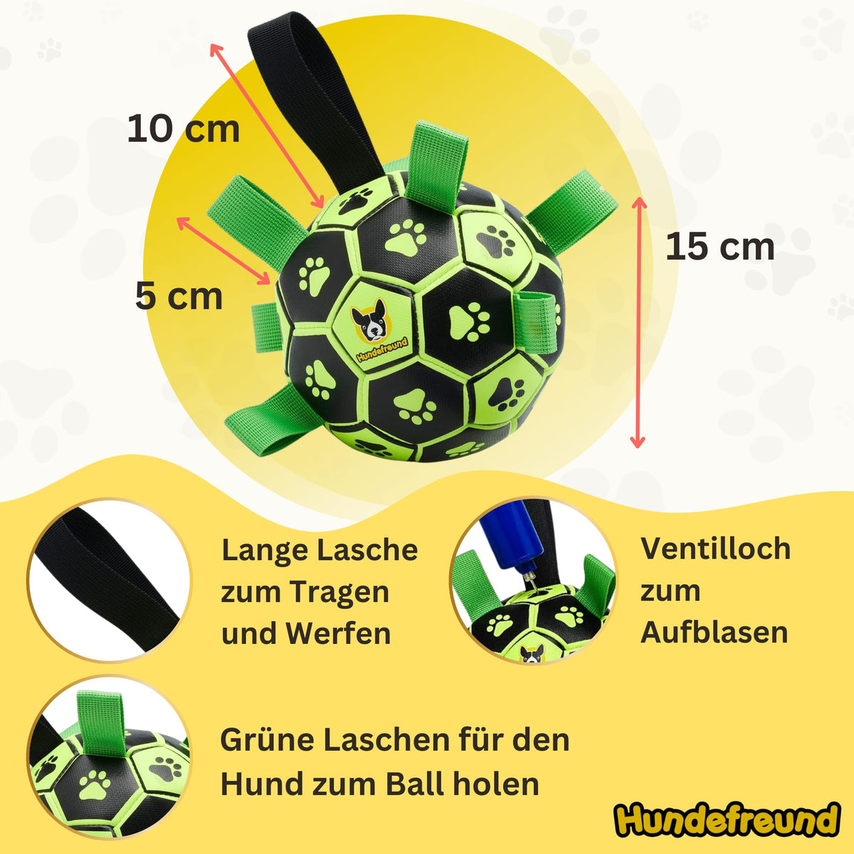 Hundefußball von Hundefreund in Grün mit Maßangabe 15 cm und Halteschlaufen