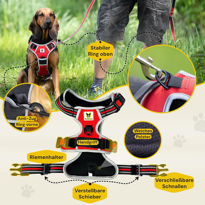 Hundegeschirr reflektierend von Hundefreund in Rot mit drei Sicherheitsschnallen
