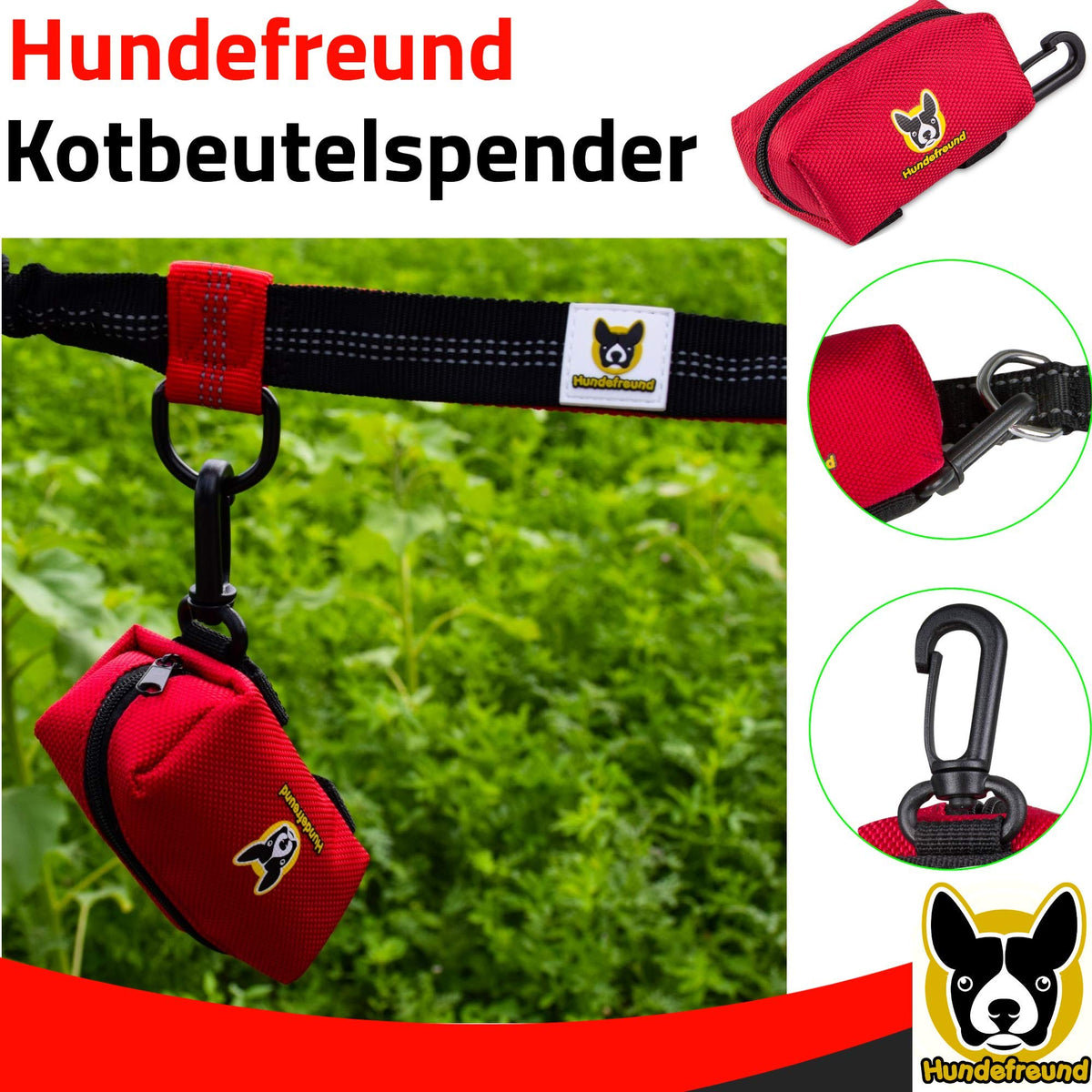 Kotbeutelspender von Hundefreund in Rot mit Befestigung an der Hundeleine