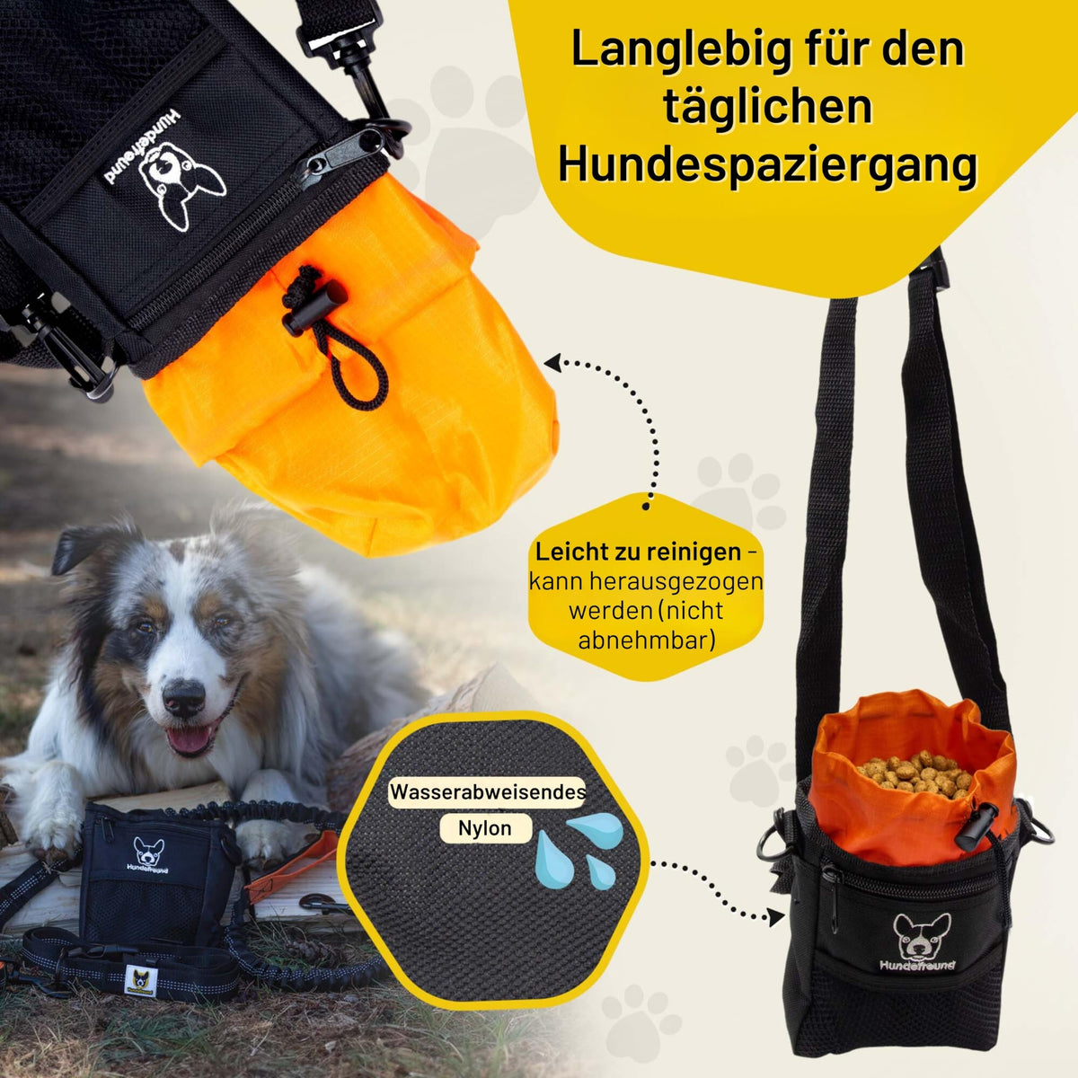 Kleiner Futterbeutel von Hundefreund in Schwarz-Orange beim täglichen Spaziergang