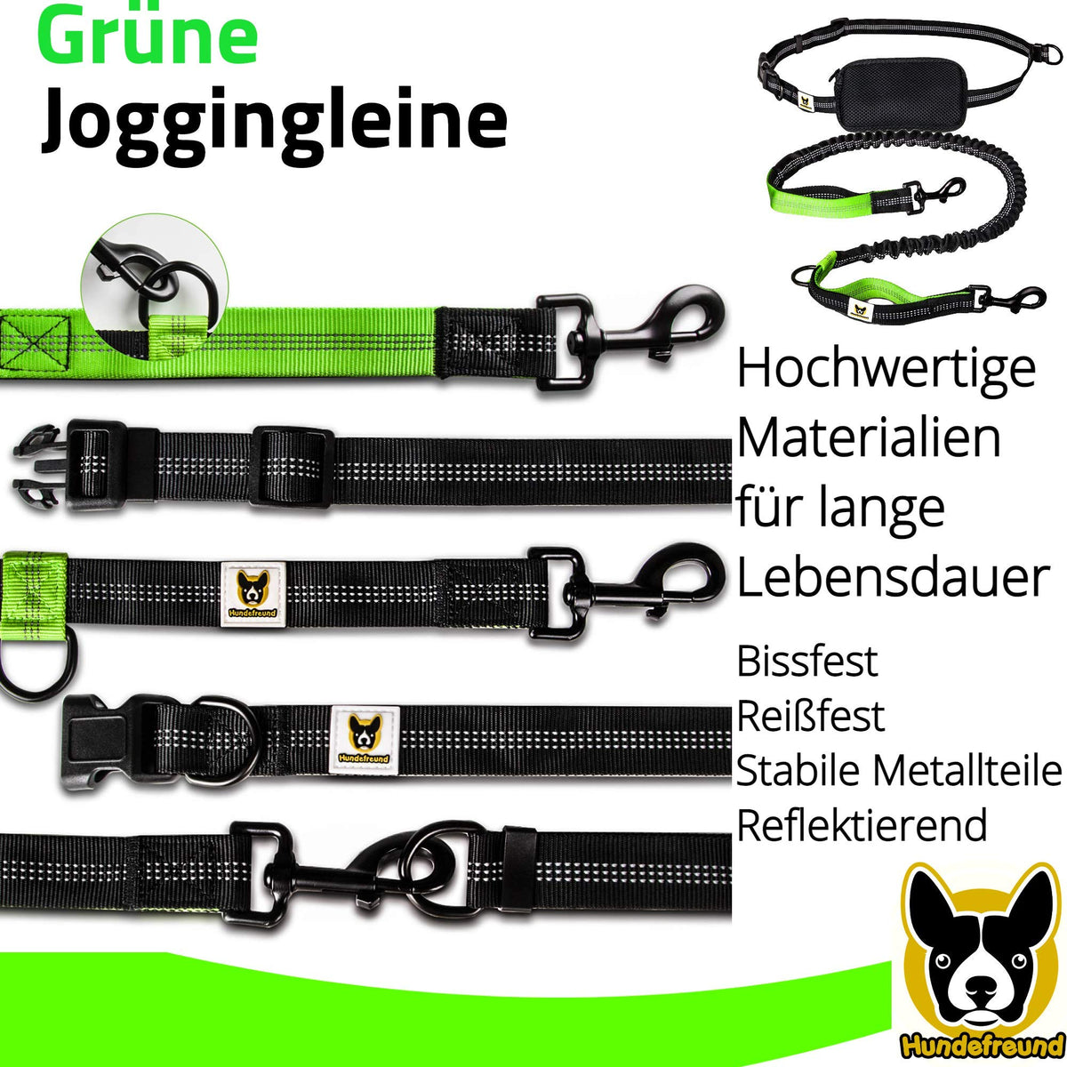 Joggingleine von Hundefreund in Grün mit zwei Schlaufen am Leinenteil