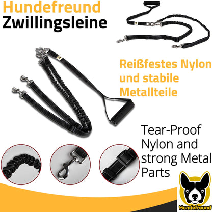 Zwillingsleine von Hundefreund in Schwarz mit stabilem Nylon und Metallteilen