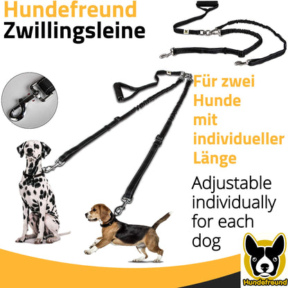 Zwillingsleine von Hundefreund in Schwarz für zwei Hunde mit individueller Länge