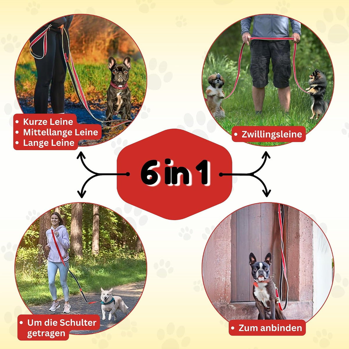 6-in-1 Multifunktionsleine von Hundefreund mit drei Ringen und zwei Karabinern