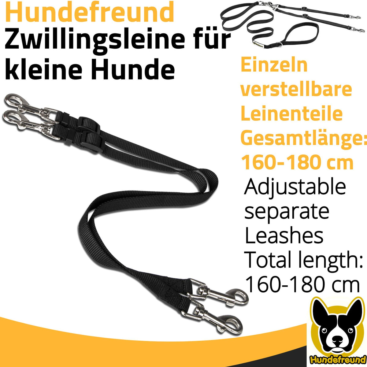 Zwillingsleine von Hundefreund in Schwarz mit zwei Einzelleinen von 40 bis 60 cm