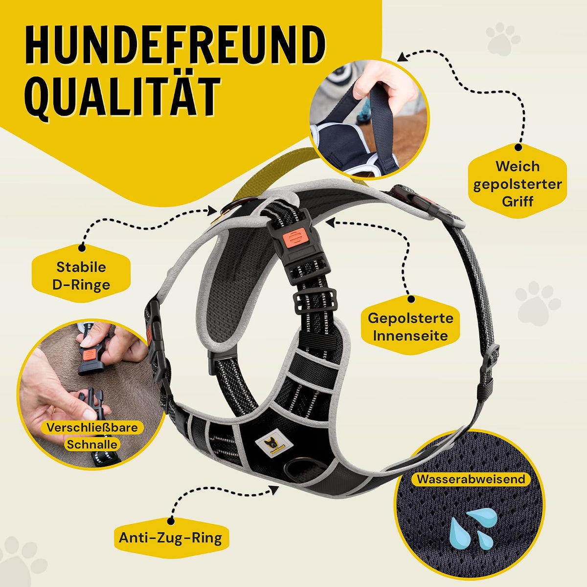 Hundegeschirr reflektierend von Hundefreund in Schwarz mit vier verstellbaren Gurten