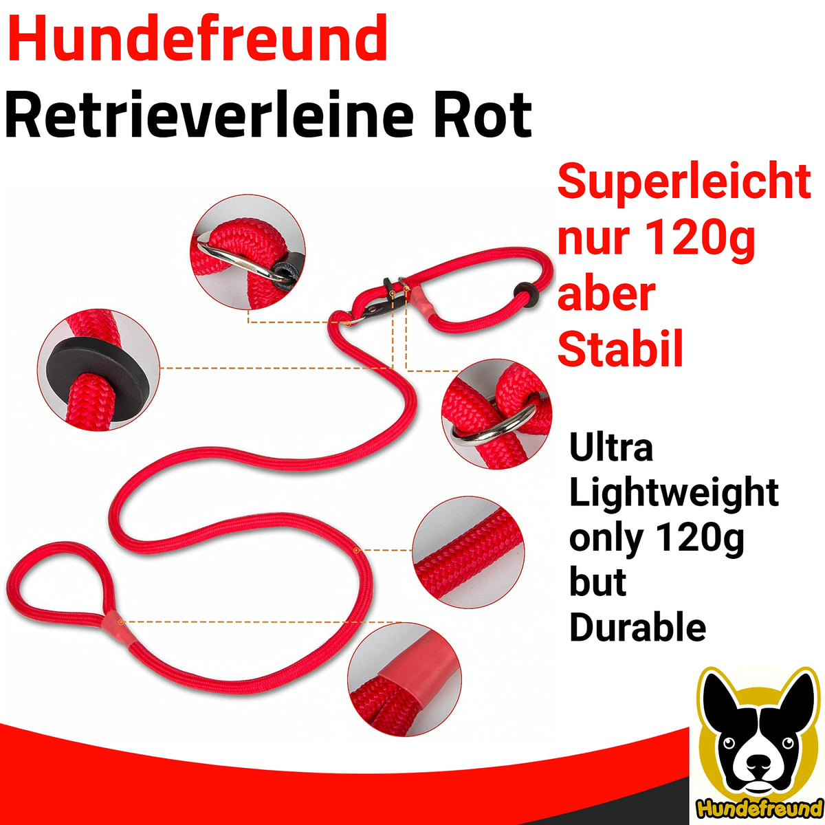 Retrieverleine von Hundefreund in Rot, nur 120 g leicht und dabei stabil