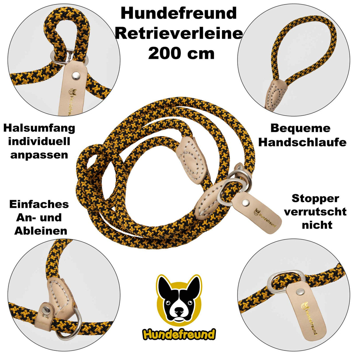 Retrieverleine von Hundefreund in Gelb, 200 cm lang, Detailübersicht