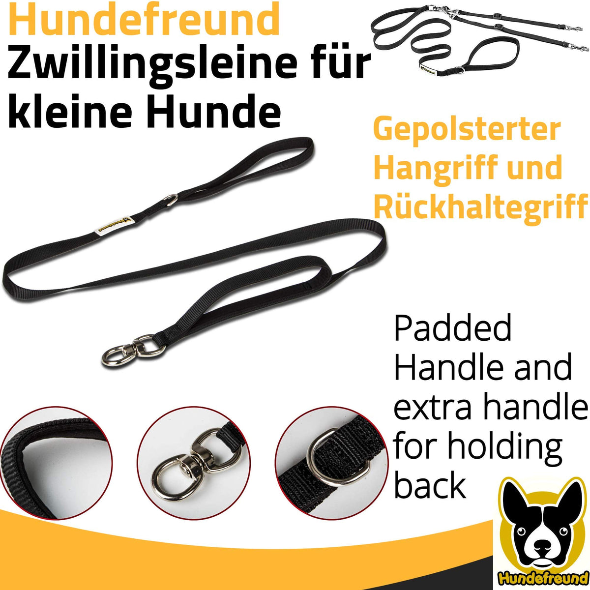 Zwillingsleine von Hundefreund in Schwarz mit 360°-Drehgelenk