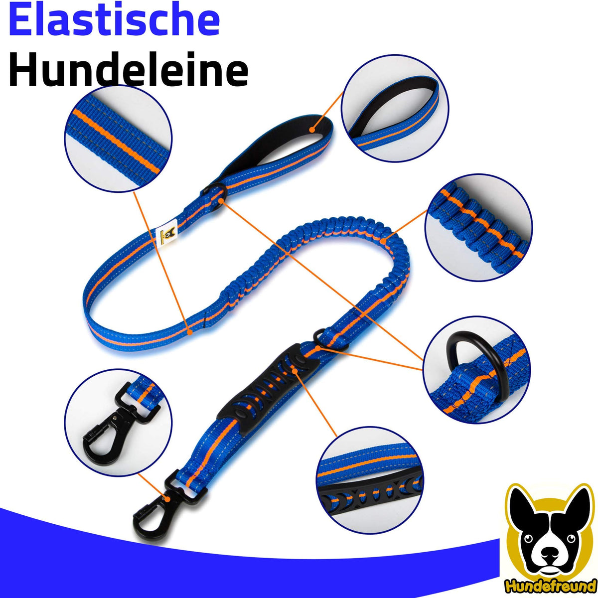 Elastische Führleine von Hundefreund in Blau-Orange, Übersicht der Ausstattung
