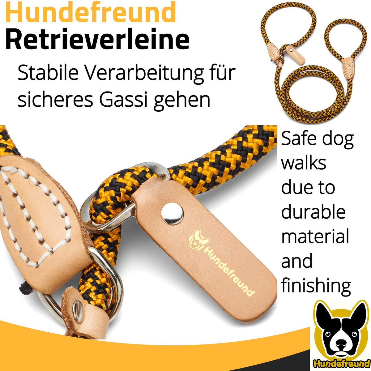 Retrieverleine von Hundefreund in Gelb mit stabiler Verarbeitung