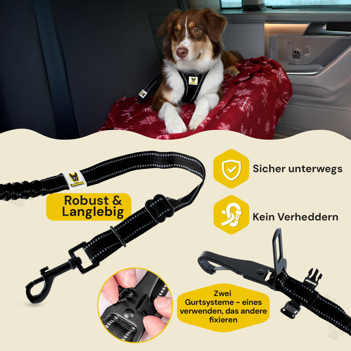 Hundegurt fürs Auto von Hundefreund in Schwarz, Hund gesichert im Kofferraum