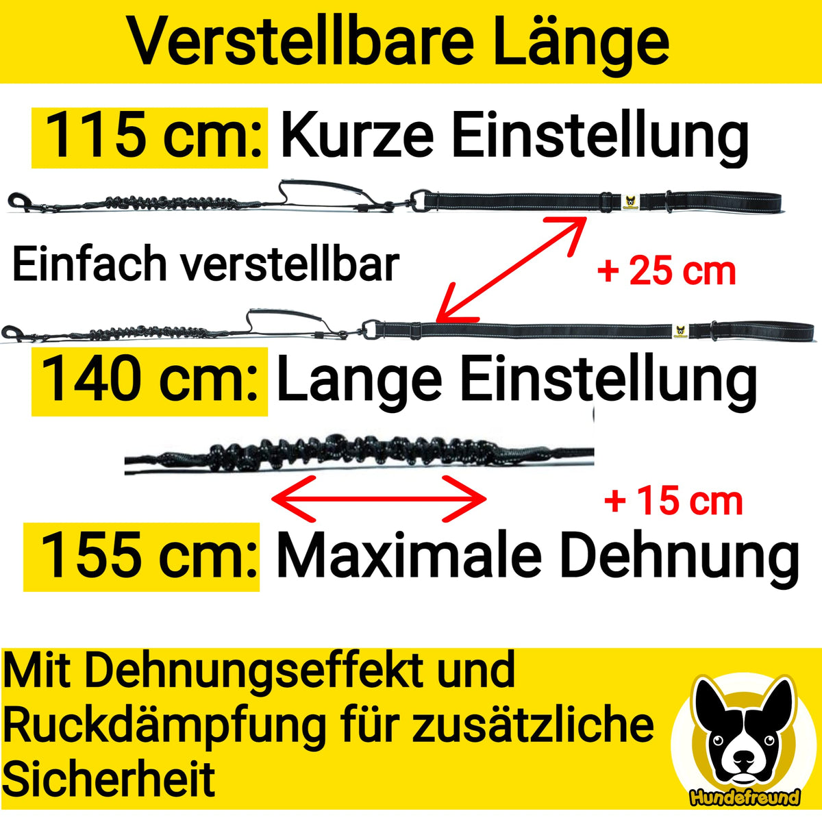 Autoleine von Hundefreund in Schwarz, verstellbare Länge von 115 bis 155 cm