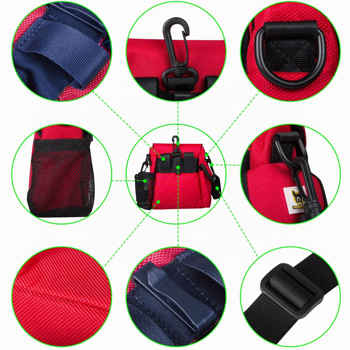 Futtertasche von Hundefreund in Rot, Detailansicht von Karabiner und Reißverschlüssen