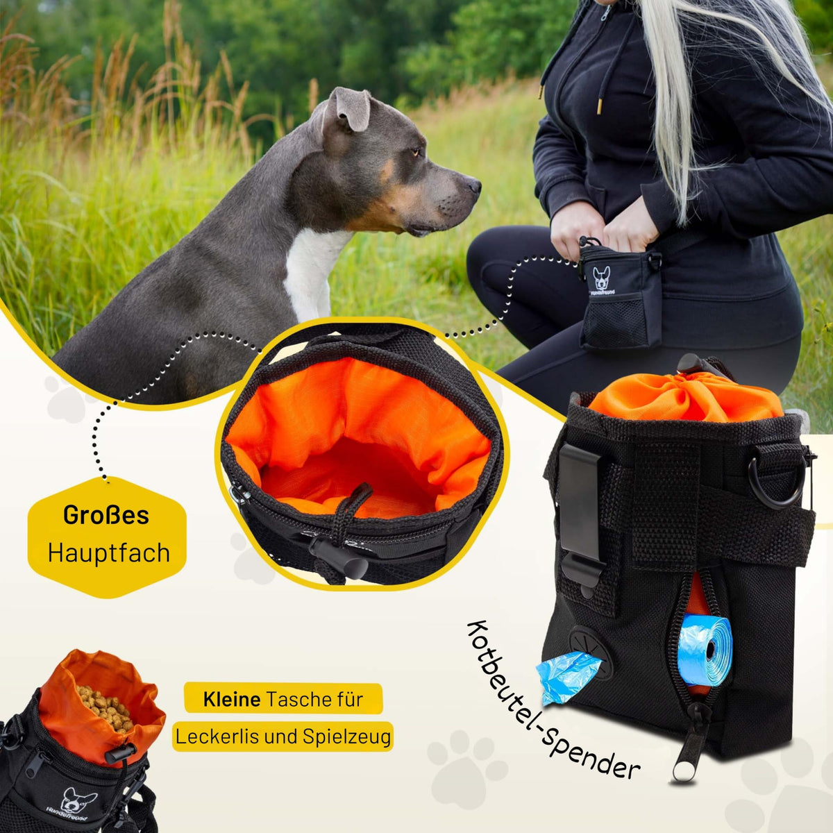 Kleiner Futterbeutel von Hundefreund in Schwarz-Orange, Hund nimmt ein Leckerli