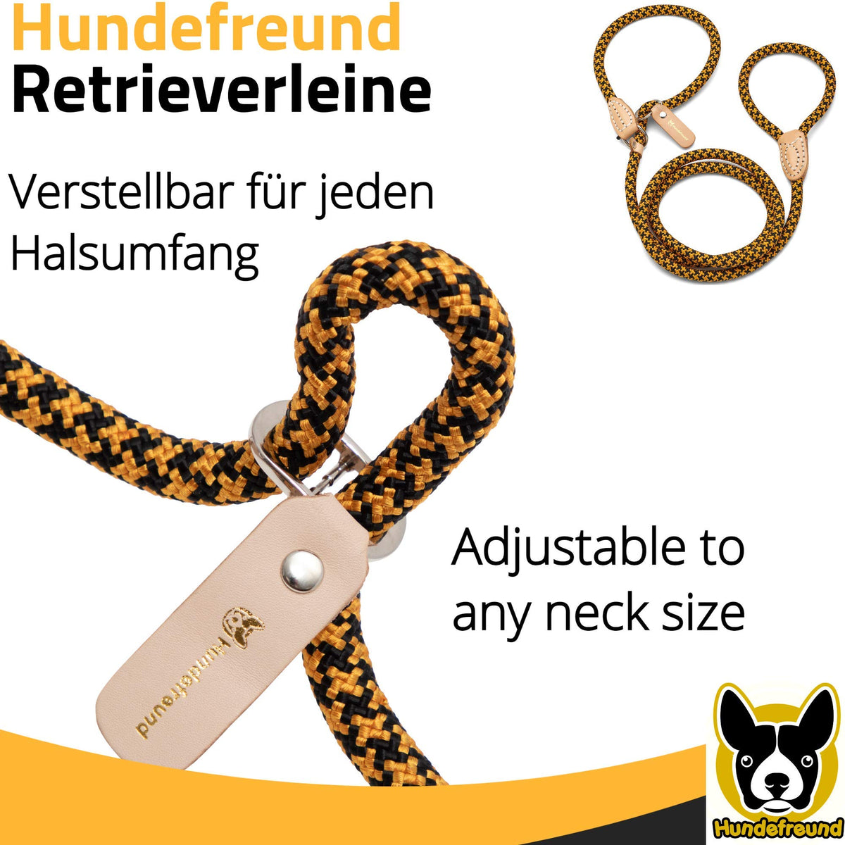 Retrieverleine von Hundefreund in Gelb, verstellbar für jeden Halsumfang