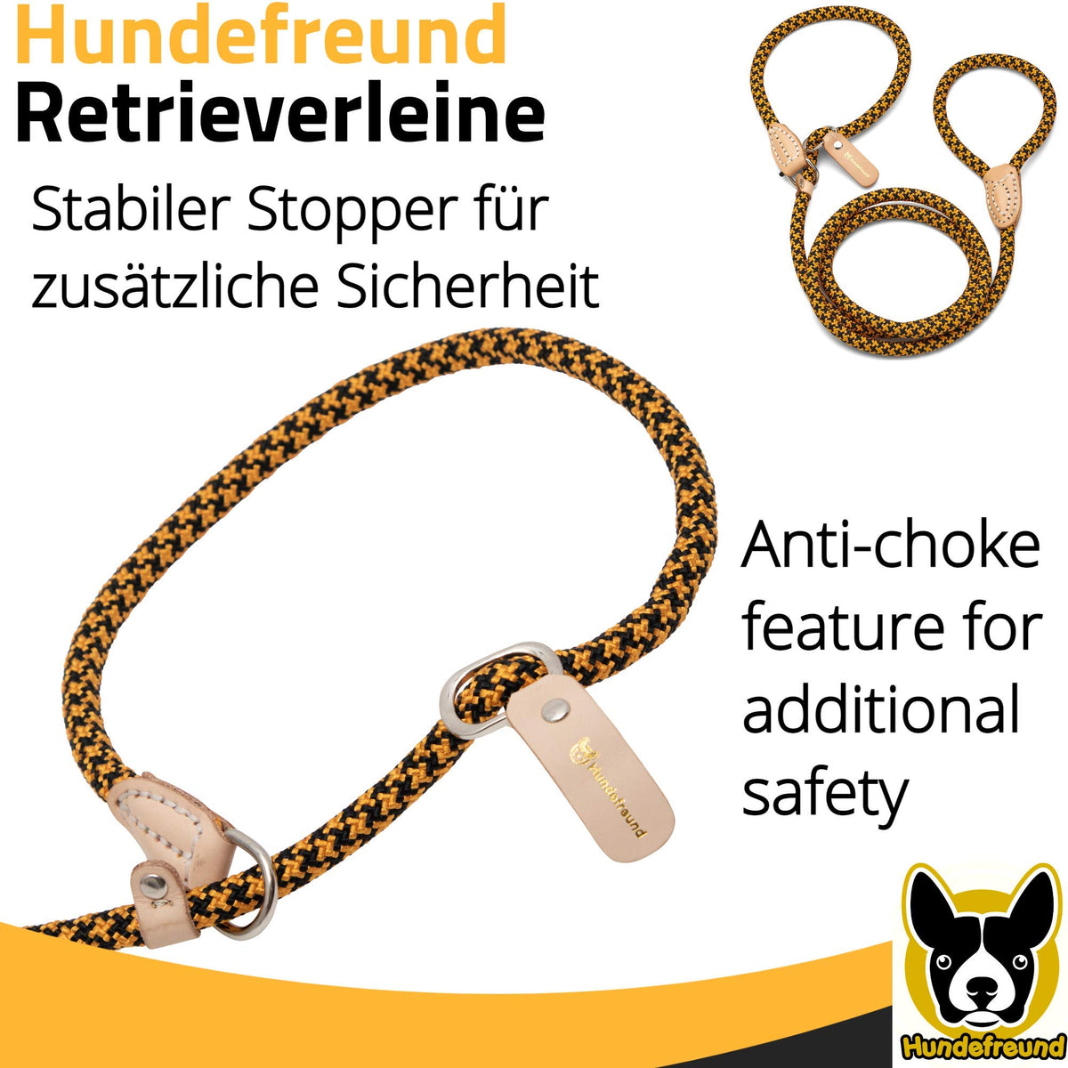 Retrieverleine von Hundefreund in Gelb mit stabilem Stopper für zusätzliche Sicherheit