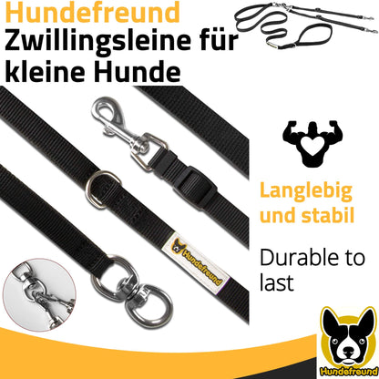 Zwillingsleine von Hundefreund in Schwarz mit Metallring für Zubehör