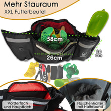 XXL-Leckerlitasche von Hundefreund in Schwarz, geöffnet mit den Maßangaben 58 und 20 cm