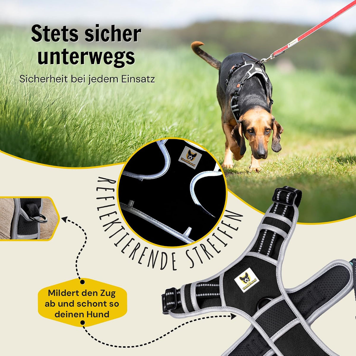 Hundegeschirr reflektierend von Hundefreund in Schwarz mit weicher Polsterung und atmungsaktivem Mesh