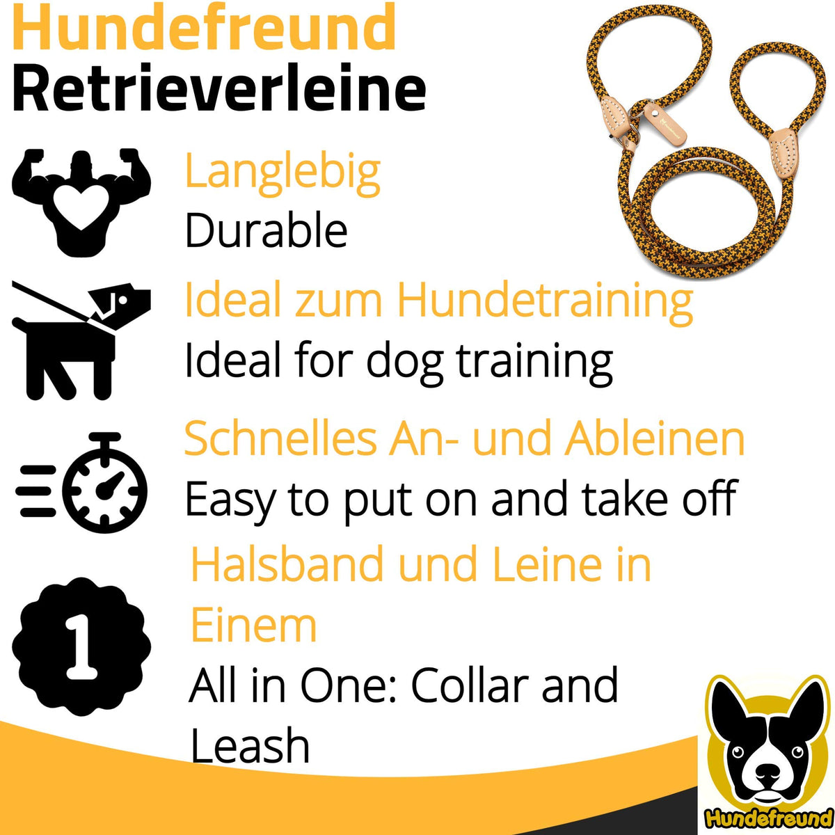 Retrieverleine von Hundefreund in Gelb als Halsband und Leine in einem