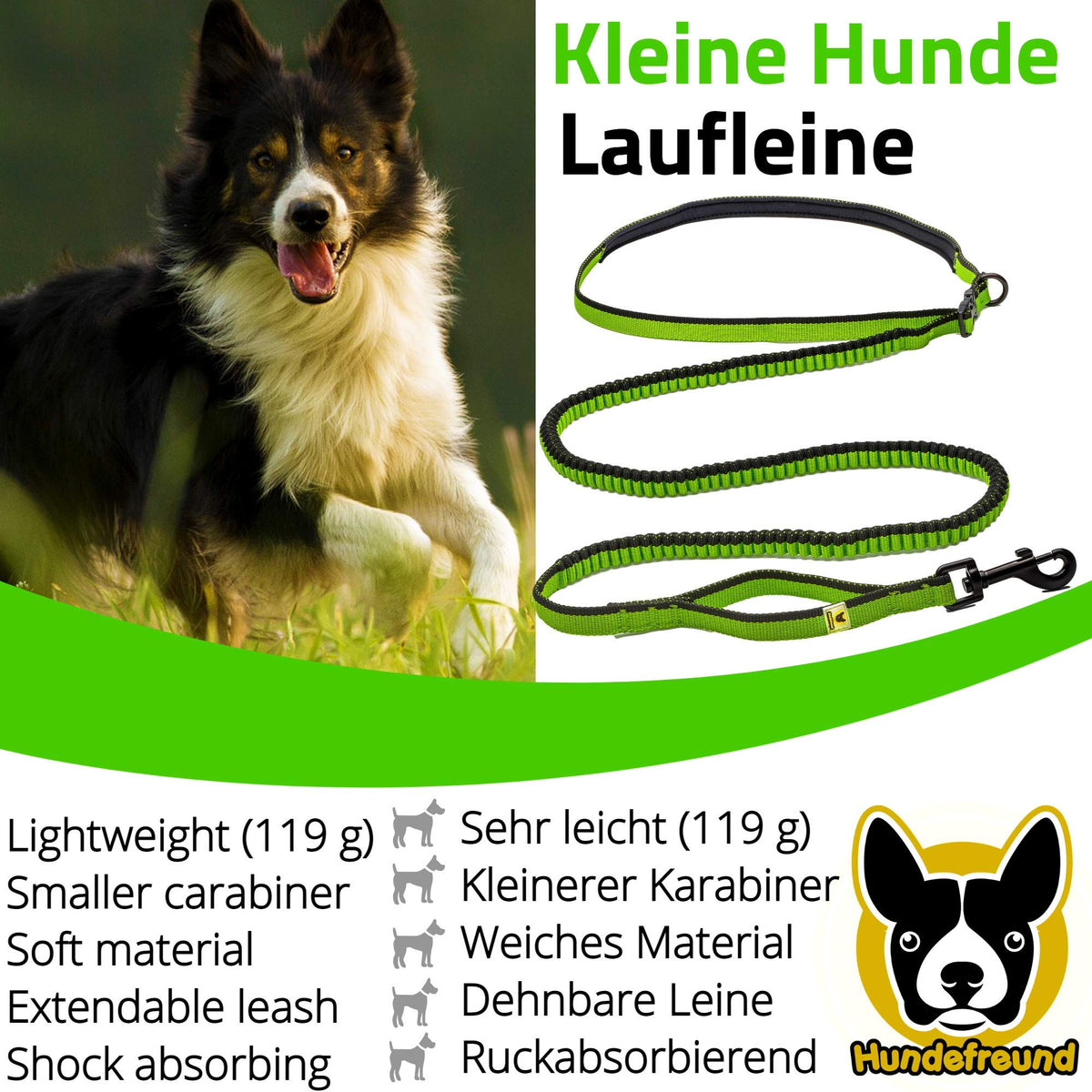 Laufleine von Hundefreund in Grün, 170 g leicht, mit Hund