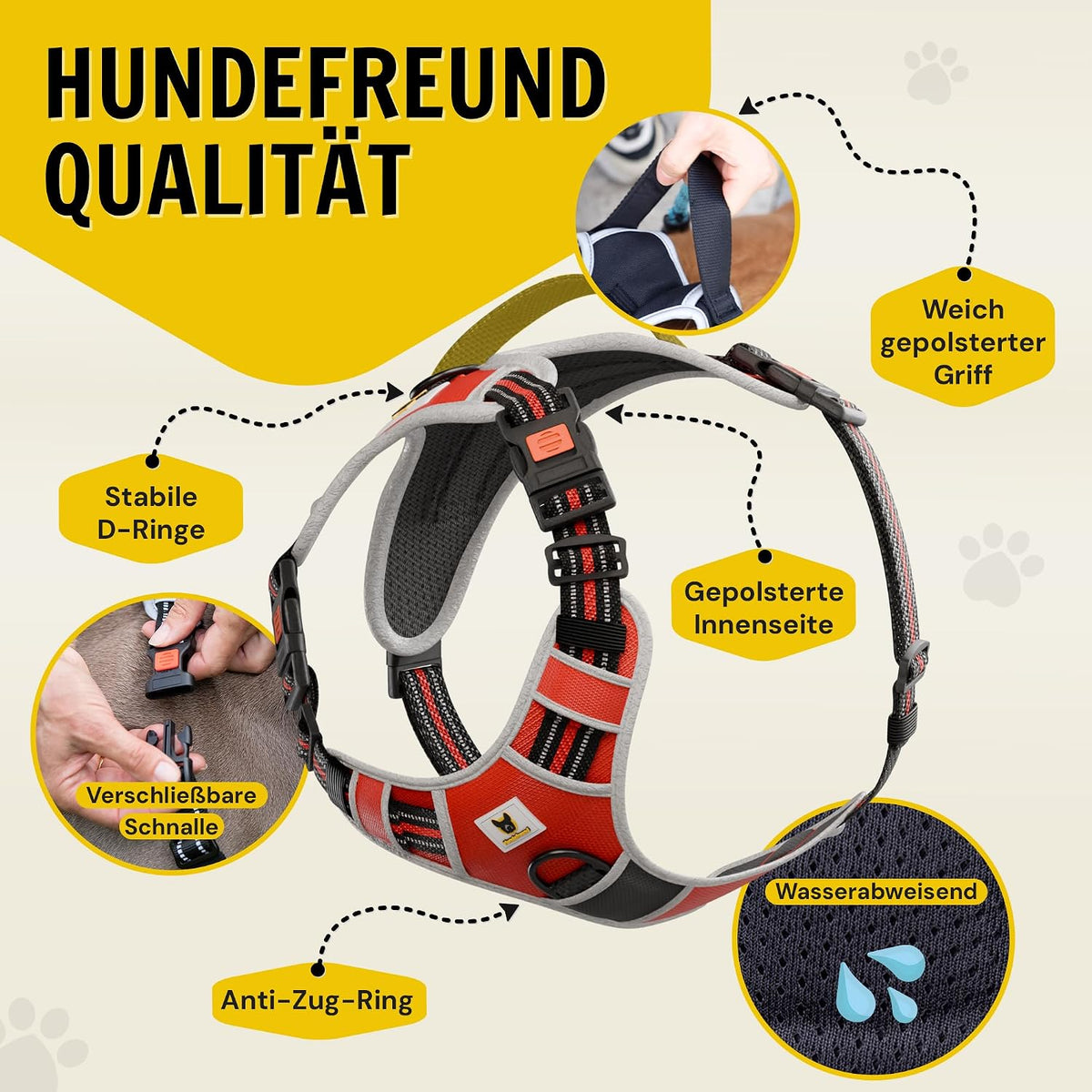 Hundegeschirr reflektierend von Hundefreund in Rot mit vier verstellbaren Gurten
