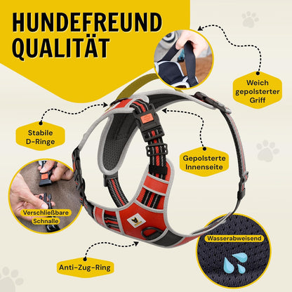 Hundegeschirr reflektierend von Hundefreund in Rot mit vier verstellbaren Gurten