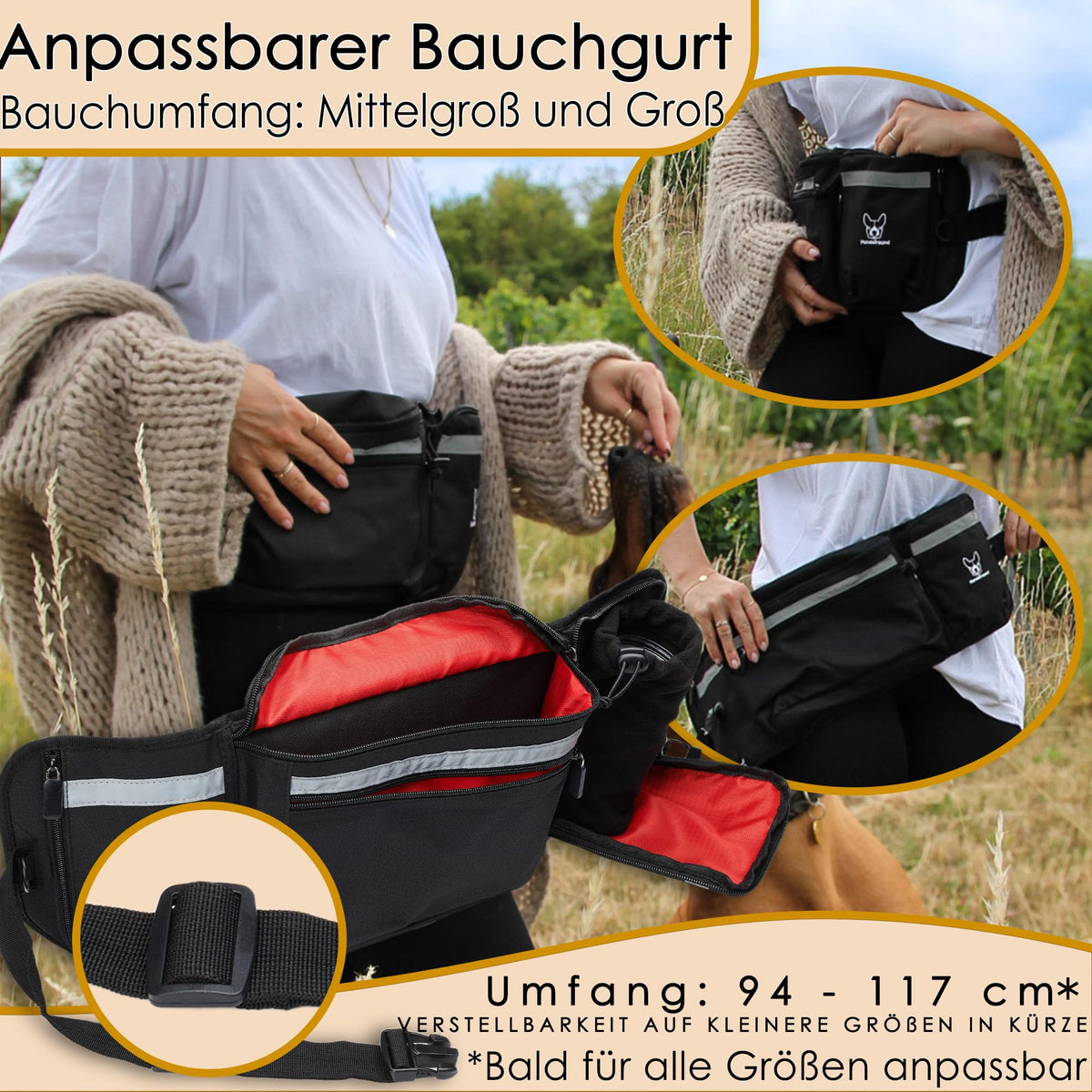 XXL-Leckerlitasche von Hundefreund in Schwarz mit anpassbarem Bauchgurt von 74 bis 117 cm